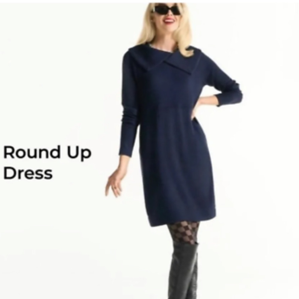 Cabi Navy Blue Fleece Round Up Dress Size Medium Long Sleeves Preppy Coastal